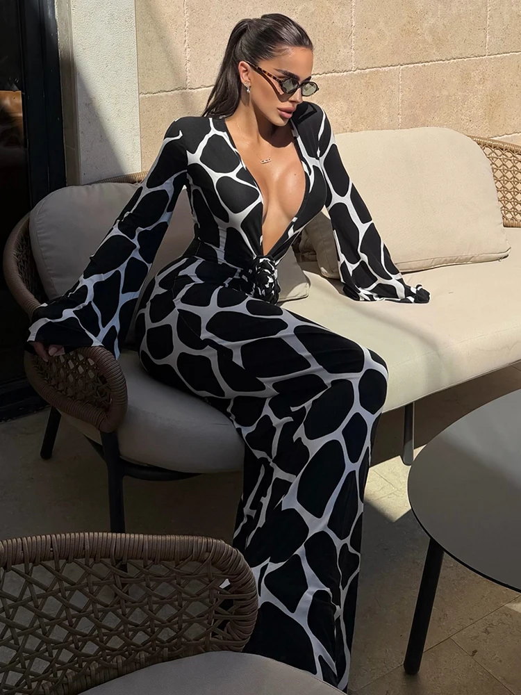 Weird Puss Farbblockierendes langes Kleid für Damen, 3D-Blumendekoration, tiefer V-Ausschnitt, lange Ärmel, für den Urlaub, gerafft, eleganter Stil, Vestidos – Detail 4