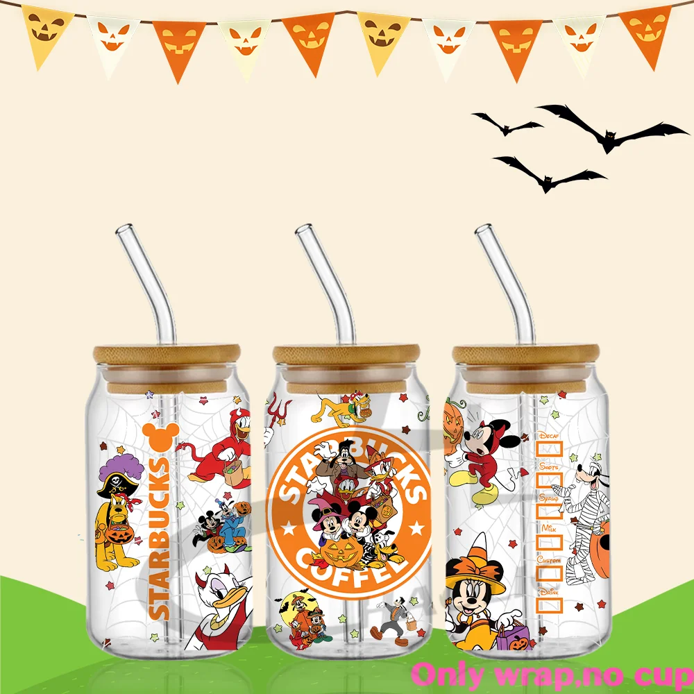 Cartoon Mouse Halloween Team Pumpkin Faces 16oz Libbey Glass Can Wrap Halloween Costume Trick or Treat Tumbler Wrap