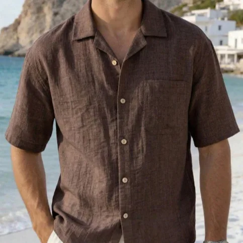 High-quality Imitation Hemp Cuban Collar Shirt Men's Summer Thin Shirt