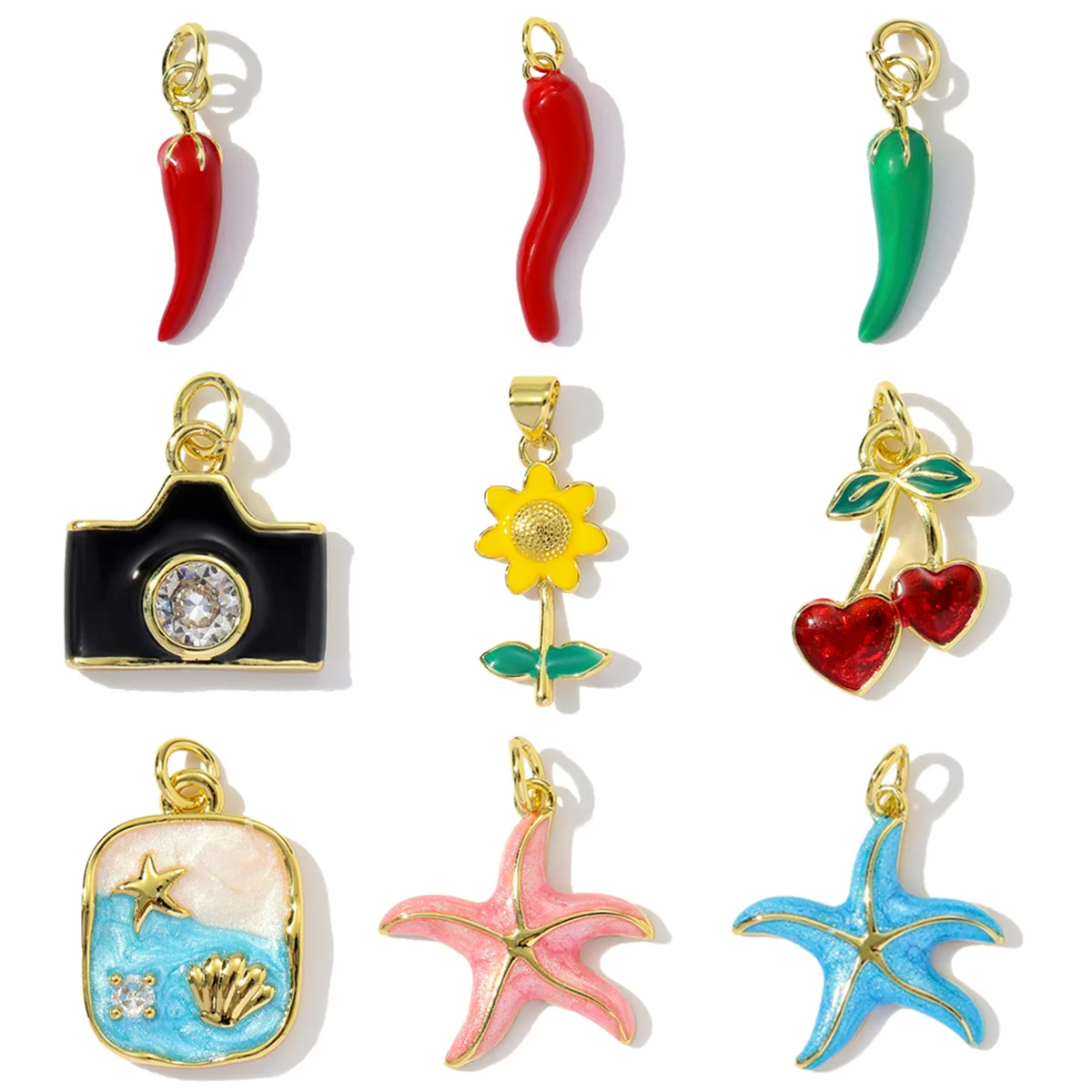 3 unids/lote, venta al por mayor, esmalte de cobre, chile, girasol, Diy, pendientes, dijes para mujer, concha, estrella de mar, cámara, collar, colgantes, joyería de cereza