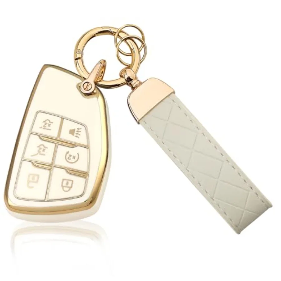 

6 Button TPU Key Fob Cover with Leather Keychain, Compatible with 2021 2022 2023 2024 2025 2026 GMC Yukon Denali Sierra, Fit fo