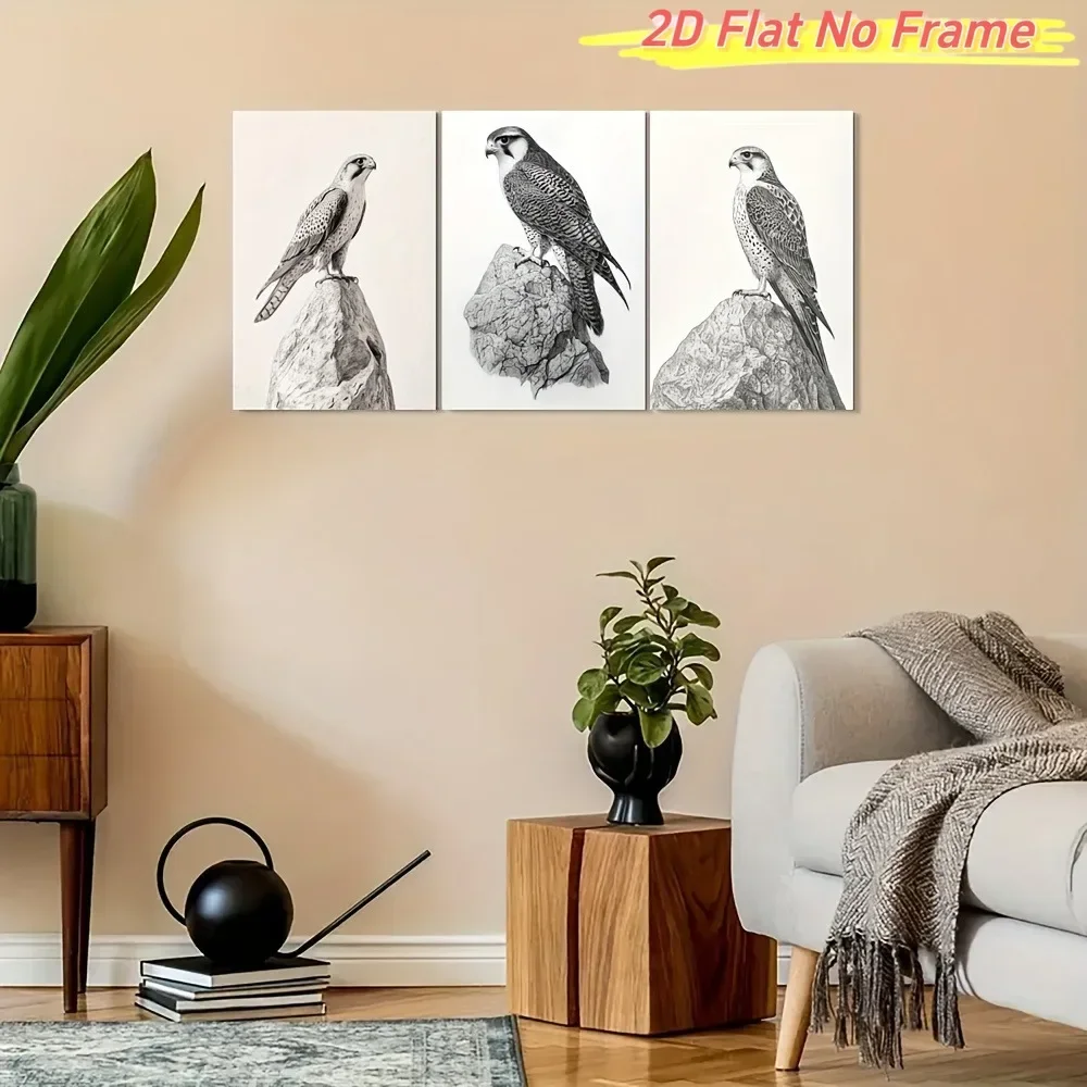 2D Flat, 2D Flat, 3pcs Frameless 2D/FLAT Eagle Resting on Stone Art Decor Canvas Paintings, Vintage Style Wall Art Decoration