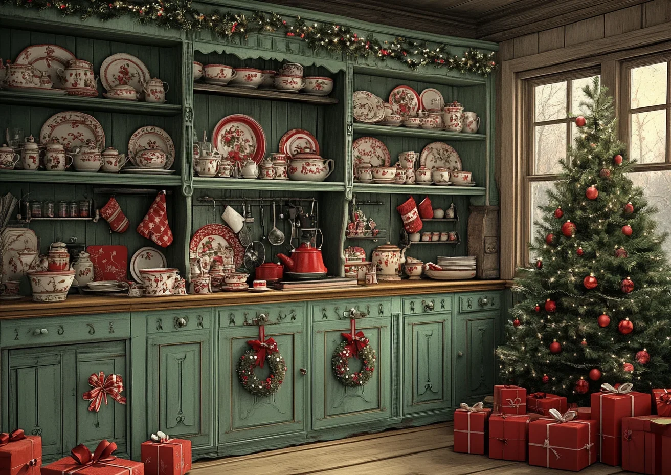 Mocsicka Photography Background Winter Christmas Kitchen Cabinets Window Xmas Kids Family Portrait Decor Backdrop Photo Studio