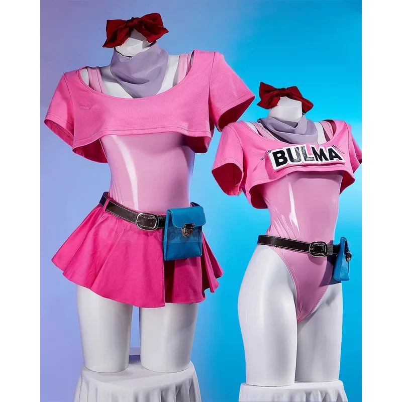 Anime Bulma Cosplay Costume Wig Women Short T-shirt Sexy Leather Bodysuit Headwear Scarf Belt Bag Set Halloween Carnival Clothes