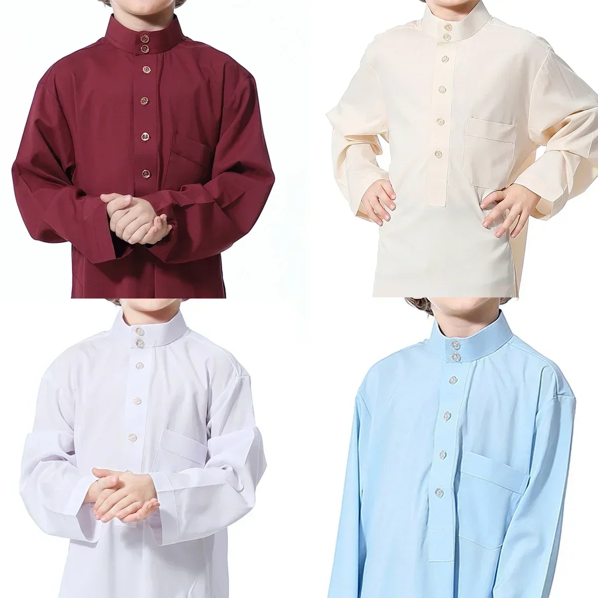 Solid Stand Collar เด็กอิสลามมุสลิม Juba Kaftan Robe อาหรับดูไบกาตาร์เด็กชุดยาว Single-Breasted Abaya Robe