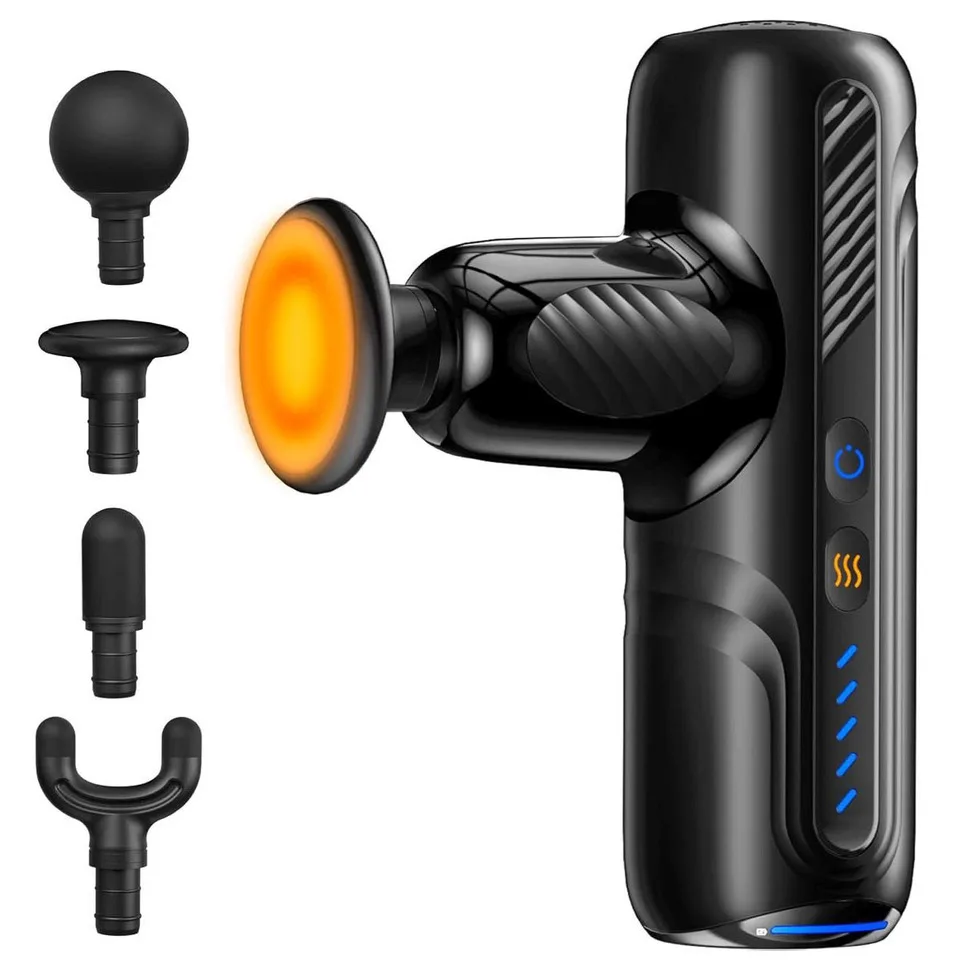 

Электрический массажный пистолет с подогревом для облегчения боли в теле, расслабления мышц — бесщеточный двигатель, перезаряжаемый, 4 насадки, регулировка скорости