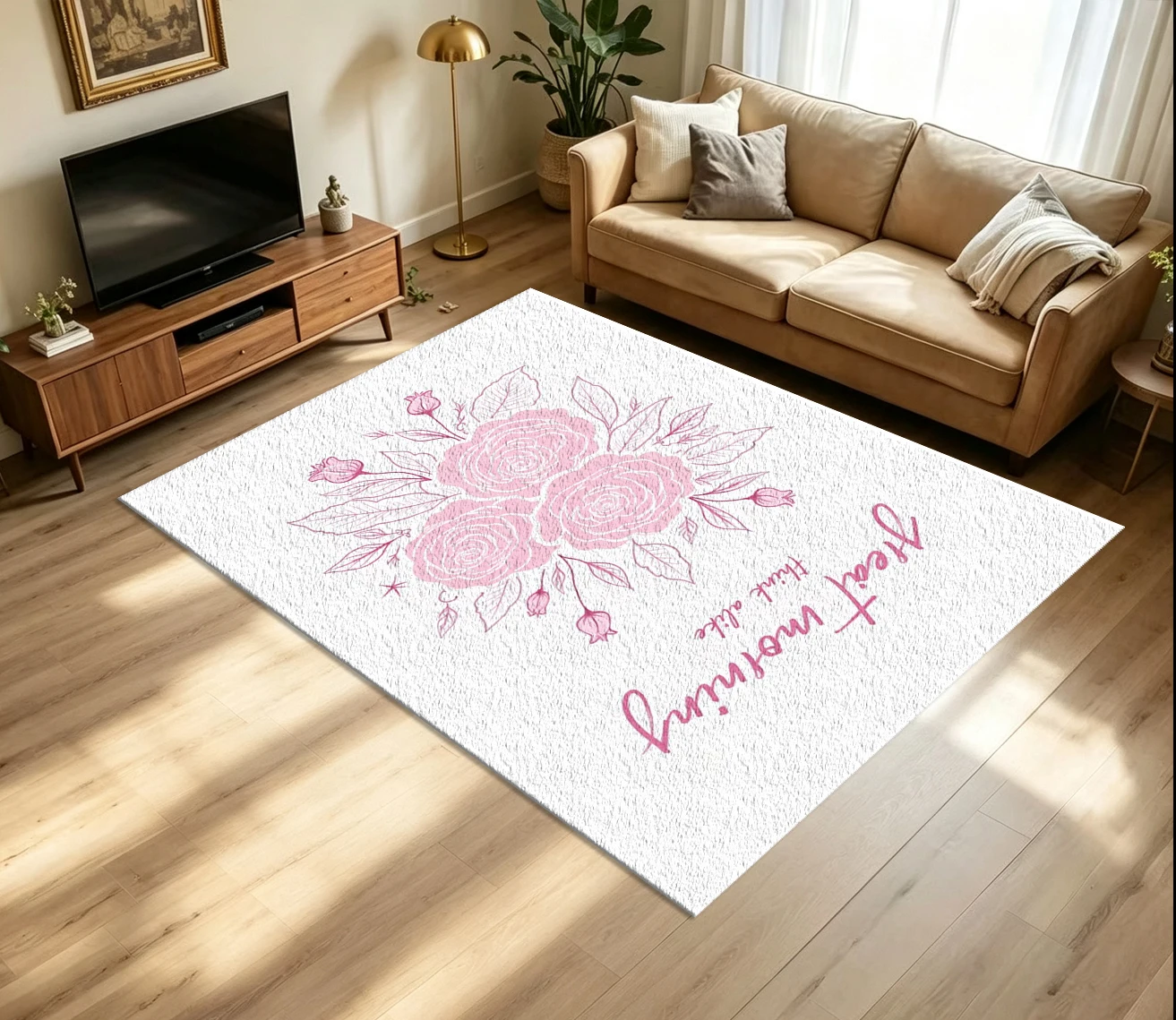 Soft Pink Line Art Rose Carpet Flooring Gentle Hand Drawn Floral Cursive Letter Art Pattern Printed Floor Rug for Household Indoor Sweet Aesthetic Home Decor