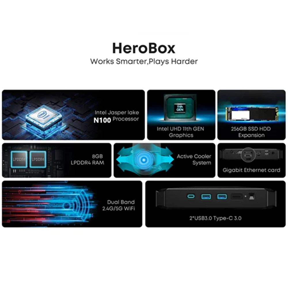 CHUWI Herobox Mini PC Intel 12th N100 Quad Core 8GB LPDDR5 256G SSD Windows 11 Wifi 6 Bluetooth 5.2 Wtih HD Port VGA 3.5mm Port