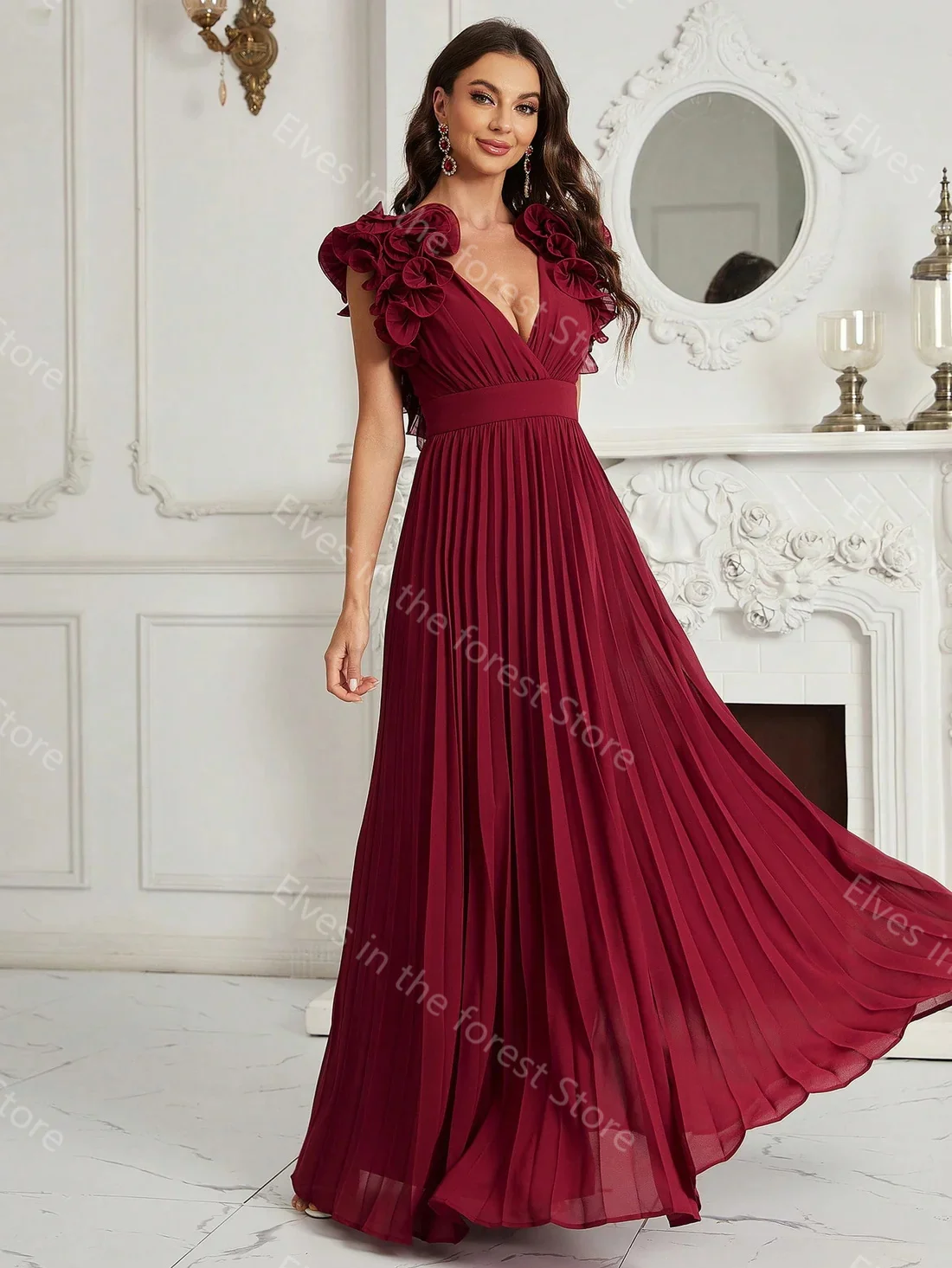 Vestidos de Noche de línea A vintage para mujer, vestidos de fiesta de gasa sin mangas con volantes, cuello en V Sexy, vestidos formales para invitados de boda de celebridades