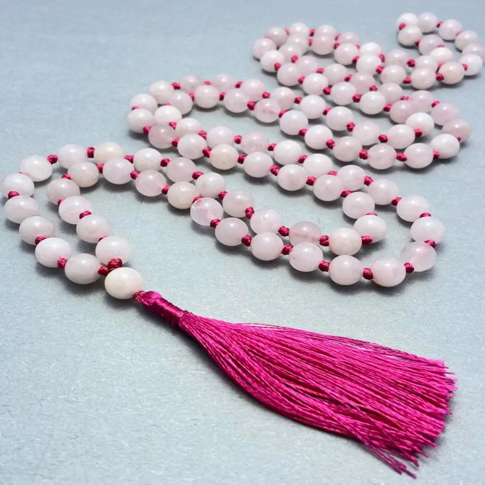 

Natural Rose Quartz 108 Mala Beads Necklace Love & Heart Chakra Healing Crystal Jewelry