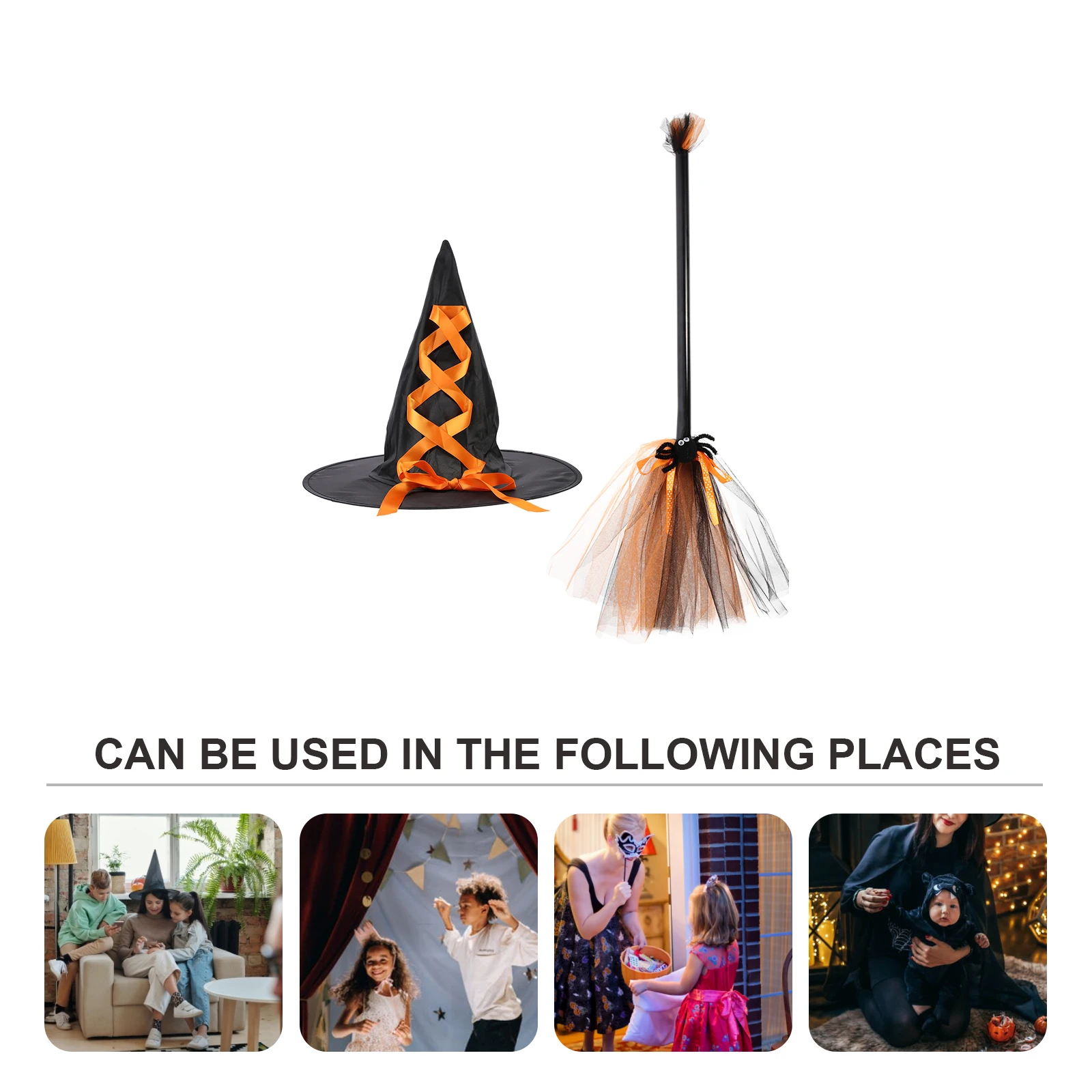 

Witch Hat Set Halloween Decorative Props Party Costume Accessories Wizard Caps Broom Cauldron Classic Design Practical Durable