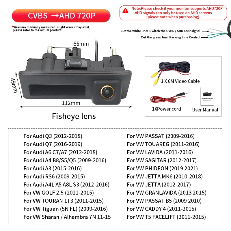 170° 1080P AHD Vehicle Rear View Camera for VW Volkswagen Golf Passat B5 Tiguan Jetta MK6 Audi A3 A4 A5 Q5 A6 B6 Car image 3