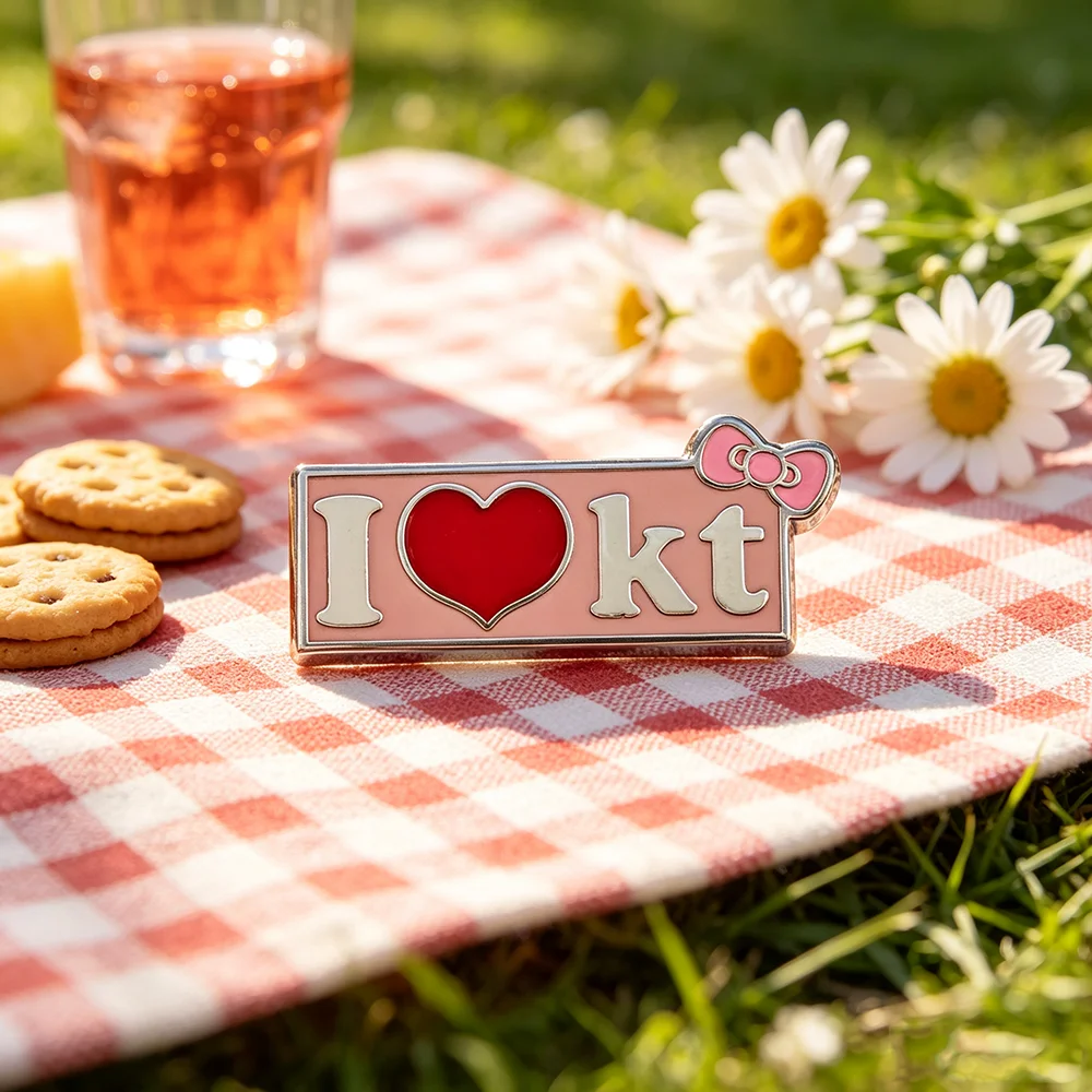 Niedliche Emaille-Pins „I Love KT“-Broschen, rosa Schleife, rotes Herz, Metall-Abzeichen, Anstecknadel für Rucksack, Jeansjacke, Geschenk – Detail 10