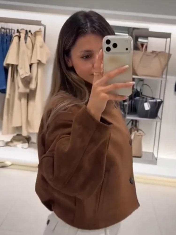 Women Faux Suede Short Coat Stand Collar Button Up Long Sleeve Relaxed Solid Brown Casual Fall 2026 Winter Outerwear Jackets