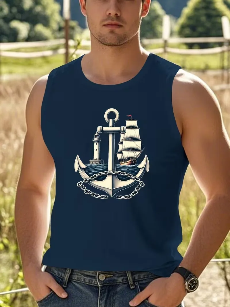 Sea anchor and boat pattern men's vest fashion quick drying fitness running vest casual breathable outdoor sports Men clothing
