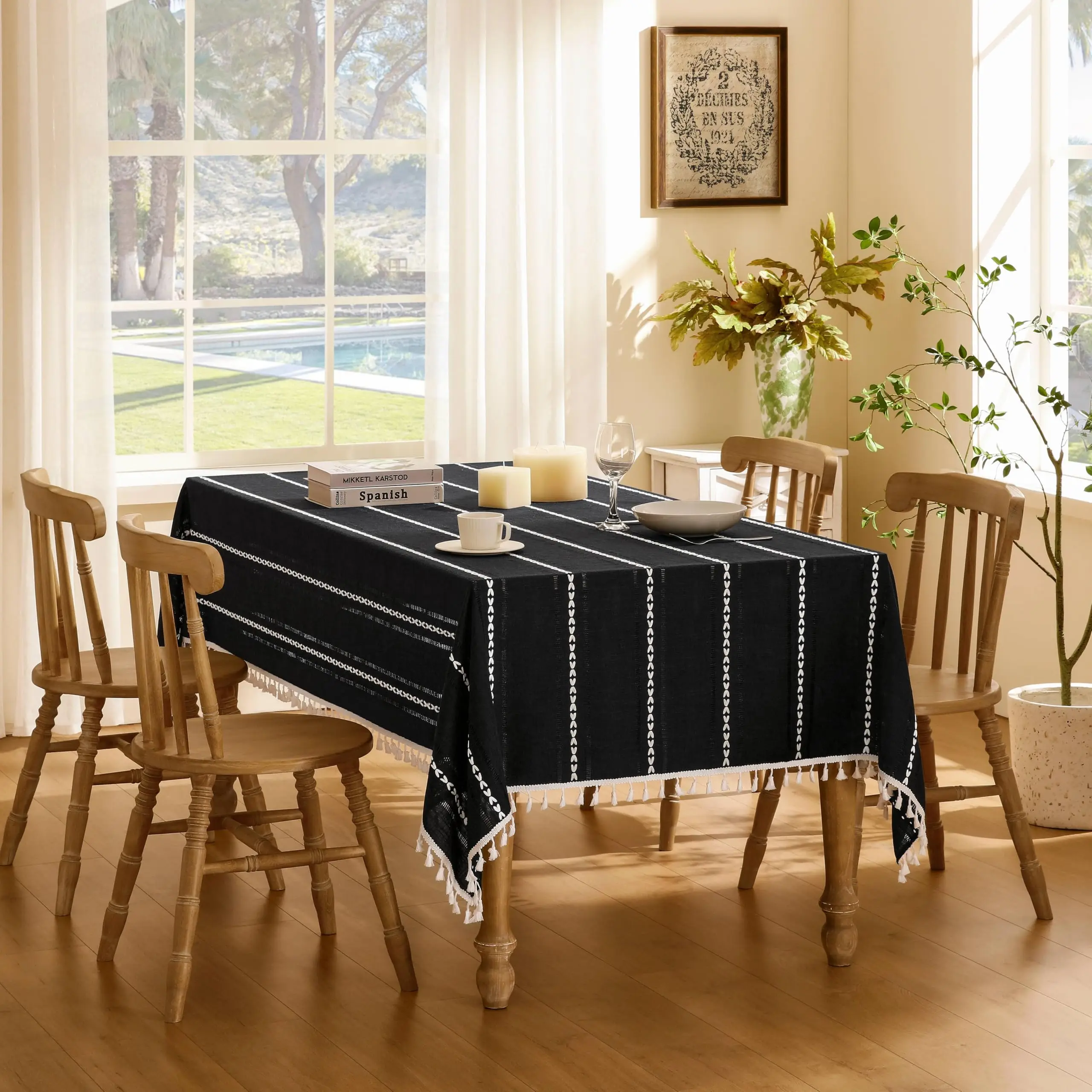 Hemstitched Embroidery Striped Boho Tablecloth,Heavy Weight Farmhouse Burlap Tablecloth, Wrinkle Resistant Washable Table Cloth