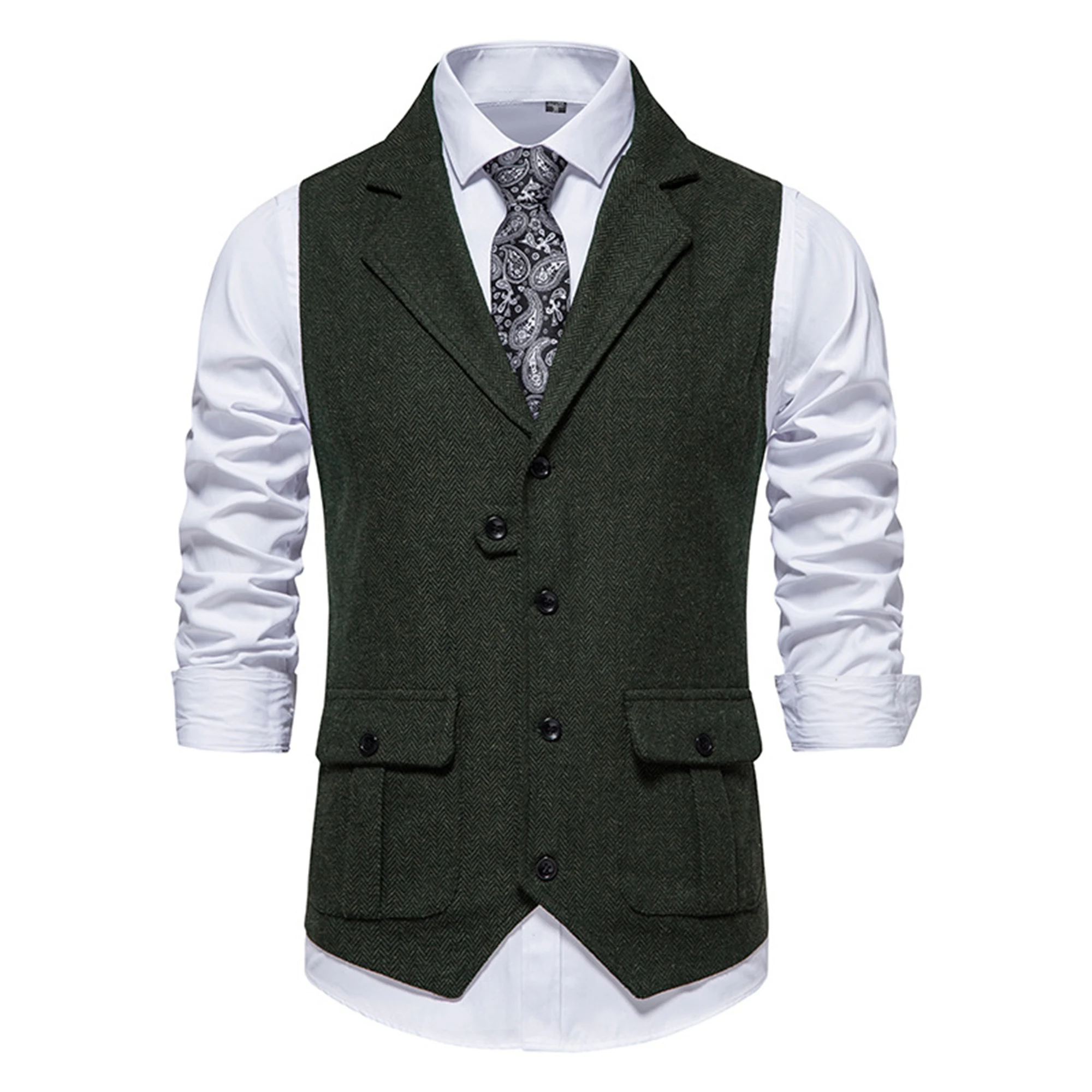 Fashion V-neck Double Breasted Herringbone Tweed Suit Vest  Mens Casual Striped Waistcoat Punk Groomman Wedding Grey Brwon Green