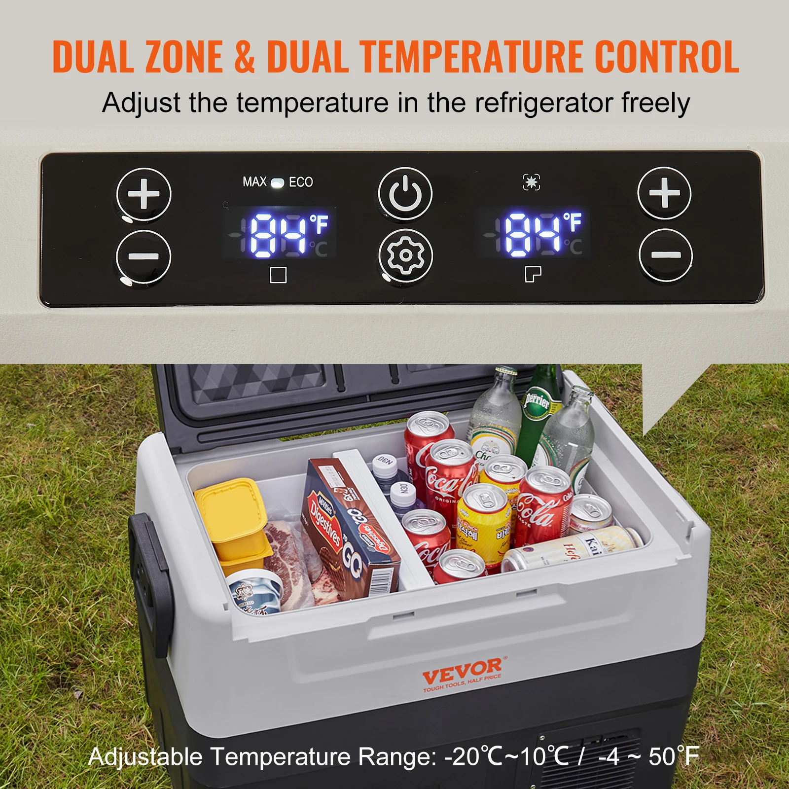 VEVOR Car Refrigerator, 45 L Dual Zone Portable Freezer, -4℉-50℉ Adjustable Range, 12/24V DC and 100-240V AC Compressor Cooler