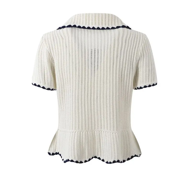 2024 New Autumn Women's Single Breasted Hollow Out Knitted Cardigan Top Contrast Crochet Trim Short Sleeve Elegant Knitwear G663