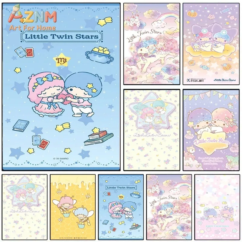 Little Twin Stars Magic Book Theme Canvas Wall Art Unframed Canvas Print Kawaii Pastel Cartoon Artwork for Girls Bedroom