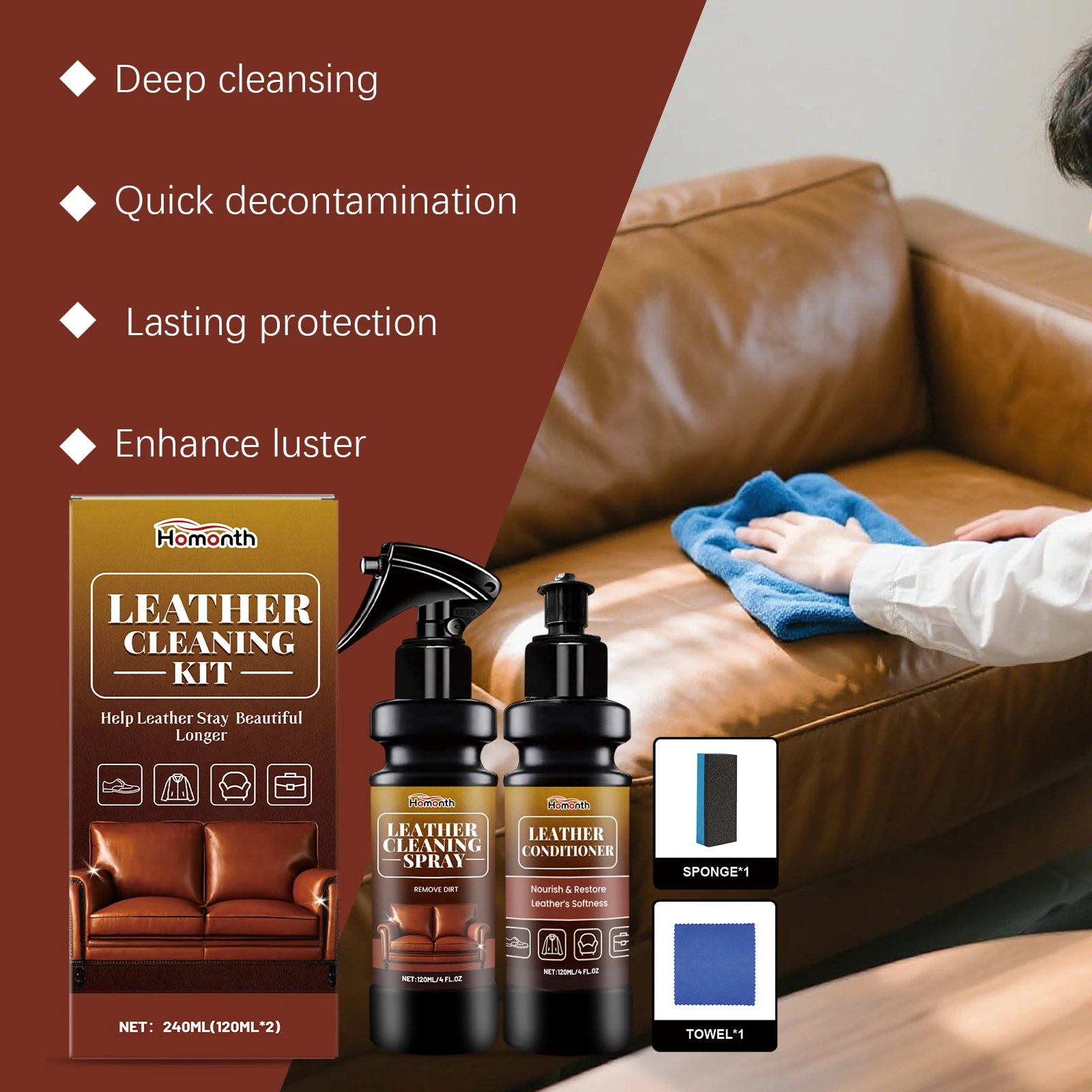 Leather Cleaner Conditioner Kit Care Set Deep Spray Nourishing Cream Restores Softness Shine Prevents Cracking Includes Sponge