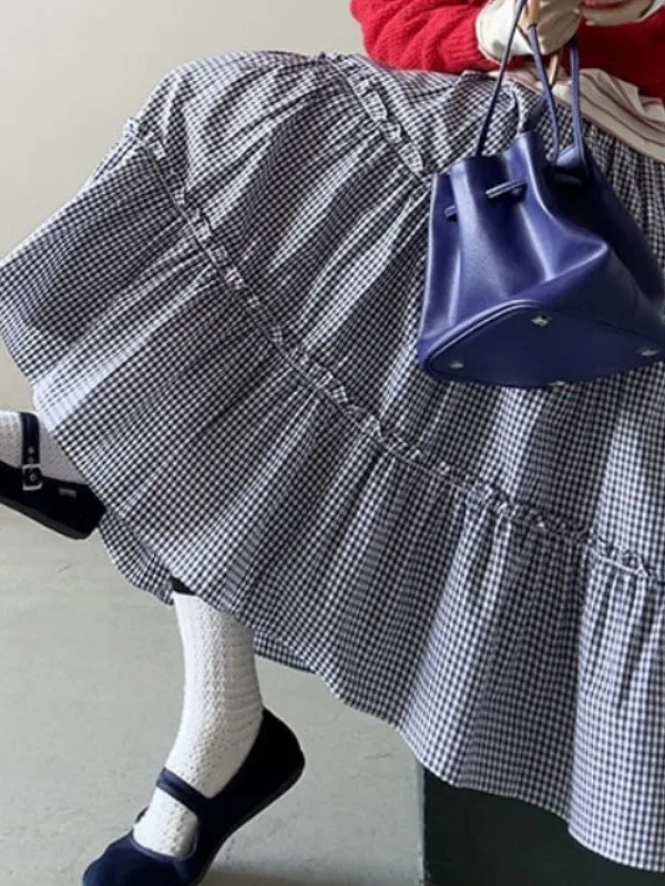  saia xadrez de cintura alta fena primavera novo estilo sem idade versátil linha a saia bolo design de borda de madei...
