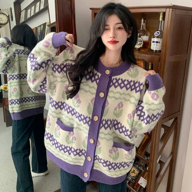 Purple Tulips Cardigan Women Knitted Sweet Cute Harajuku Panelled Autumn Clothing Sweaters Loose Casual Korean Fashion All-match