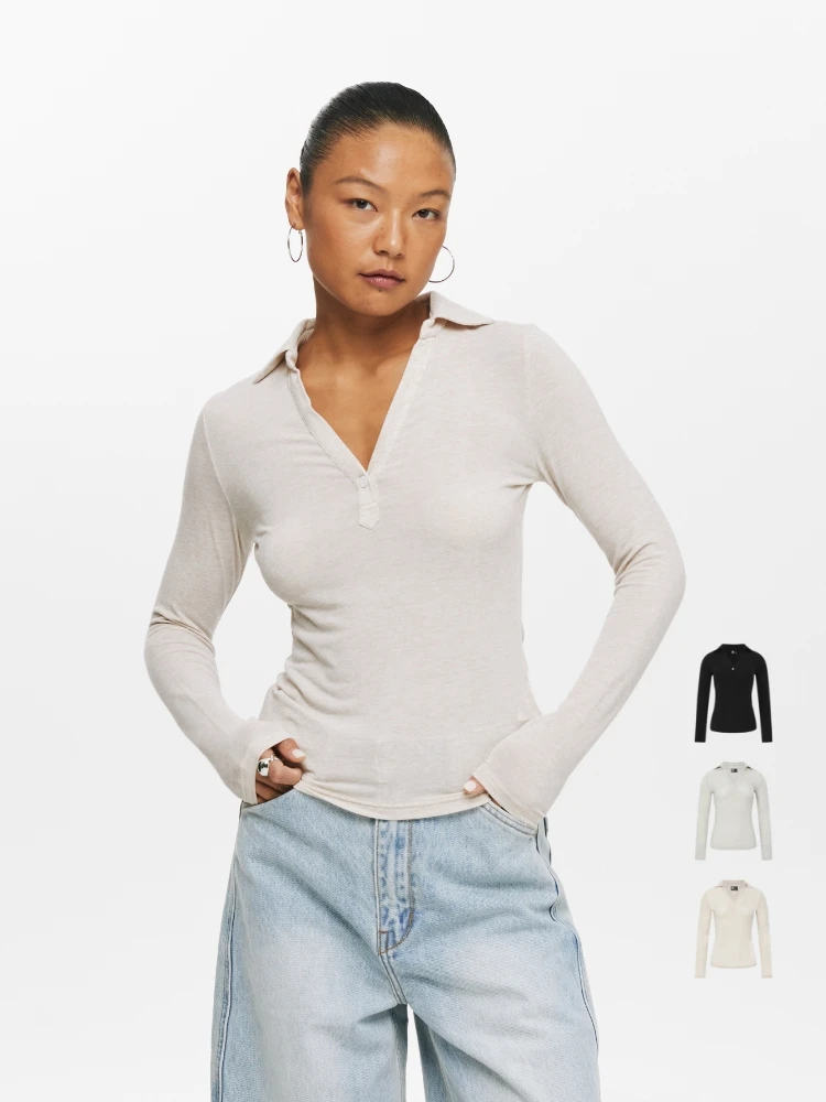 

Oneup Simple Commute Linen V-ne Long Sve Women's T-irt Slimming Bla irt Spring Season Regular Fit Pure Color