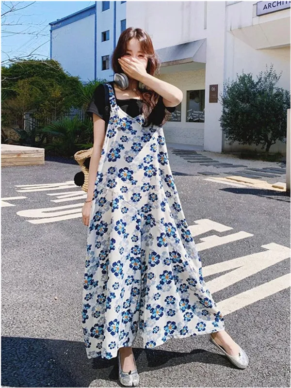 Retro Floral Print Wide Leg Pants Women's Summer New Sle Casual Slimming Strap Susps Skirt High Waist Long Pants
