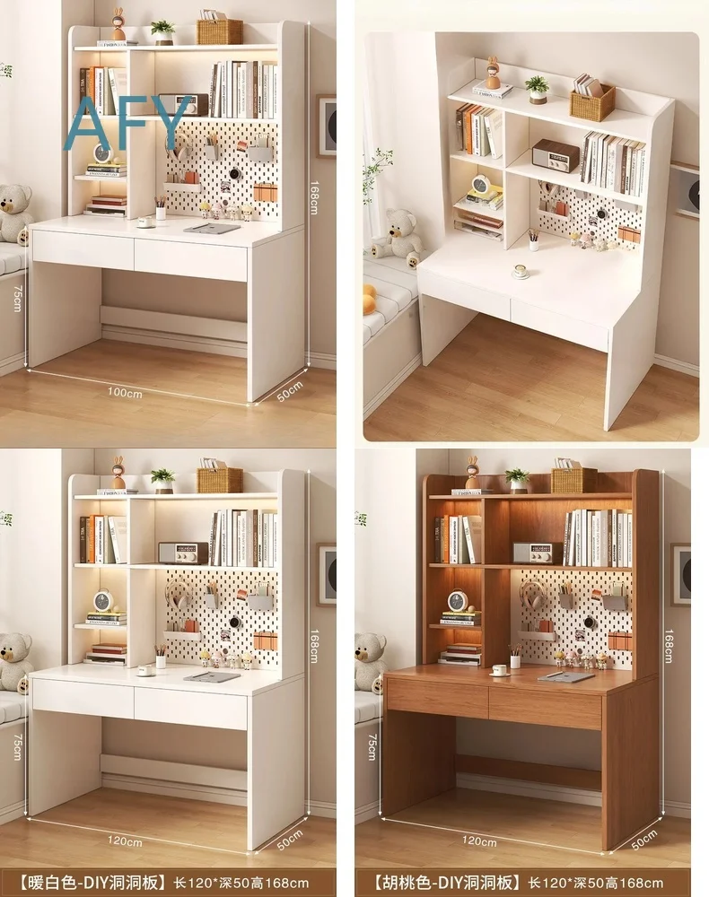 Premium Hole Board Computer Desk with Bookshelf Integrated Table for Home Office Study Room Workstation for Laptops PCs