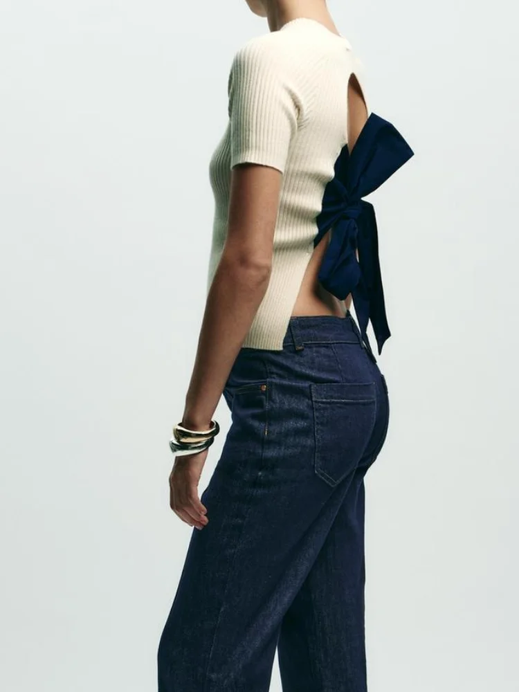 المرأة عارية الذراعين Bowknot محبوك سترة بلون نصف كم جولة الرقبة البلوز المرأة موضة جديدة سليم صالح Highstreet الأعلى #6