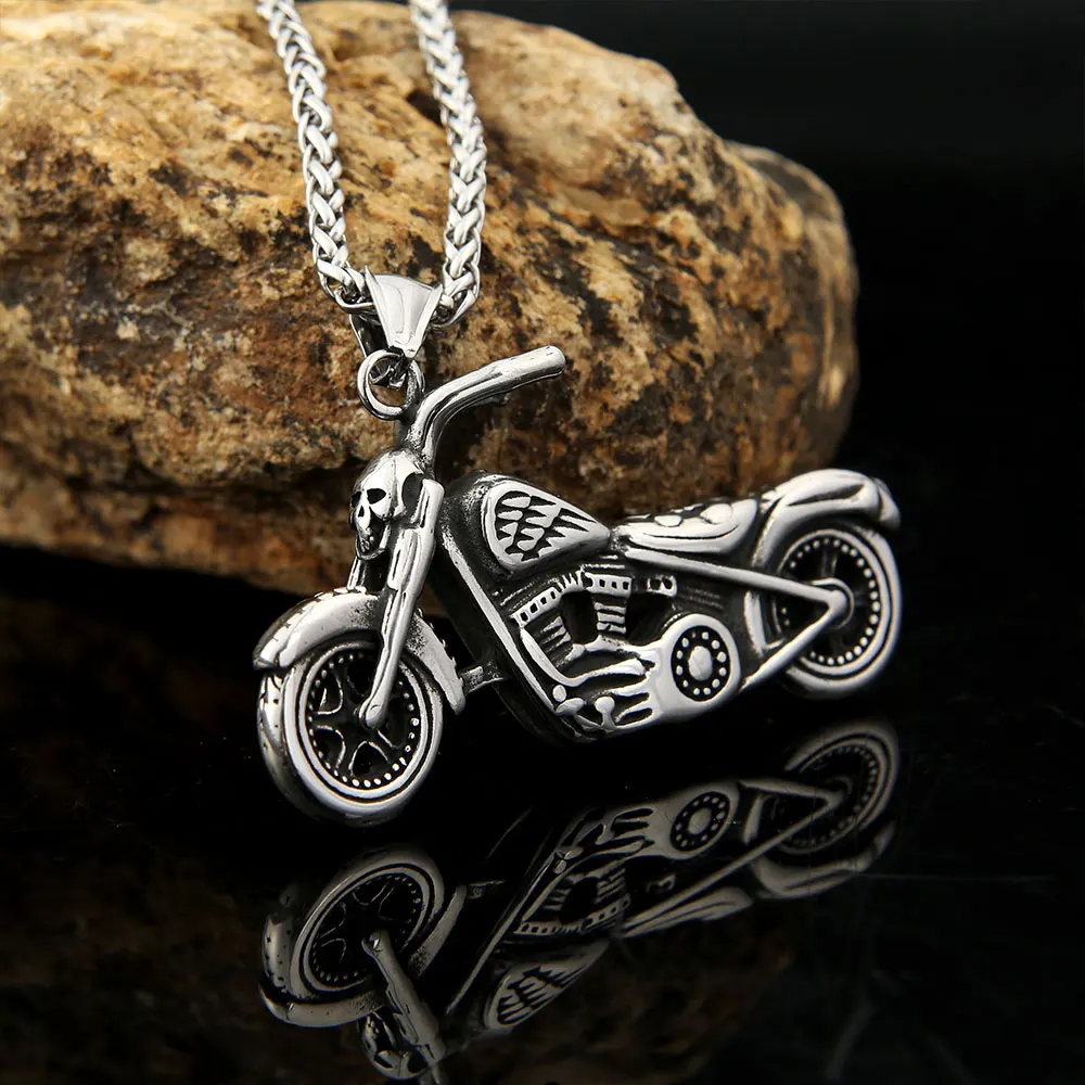 Punk Motorcycle Pendant Necklace Hip Hop Rider Biker Long Necklace Men Women Stainless Steel Jewelry Best Gift for Boyfriend