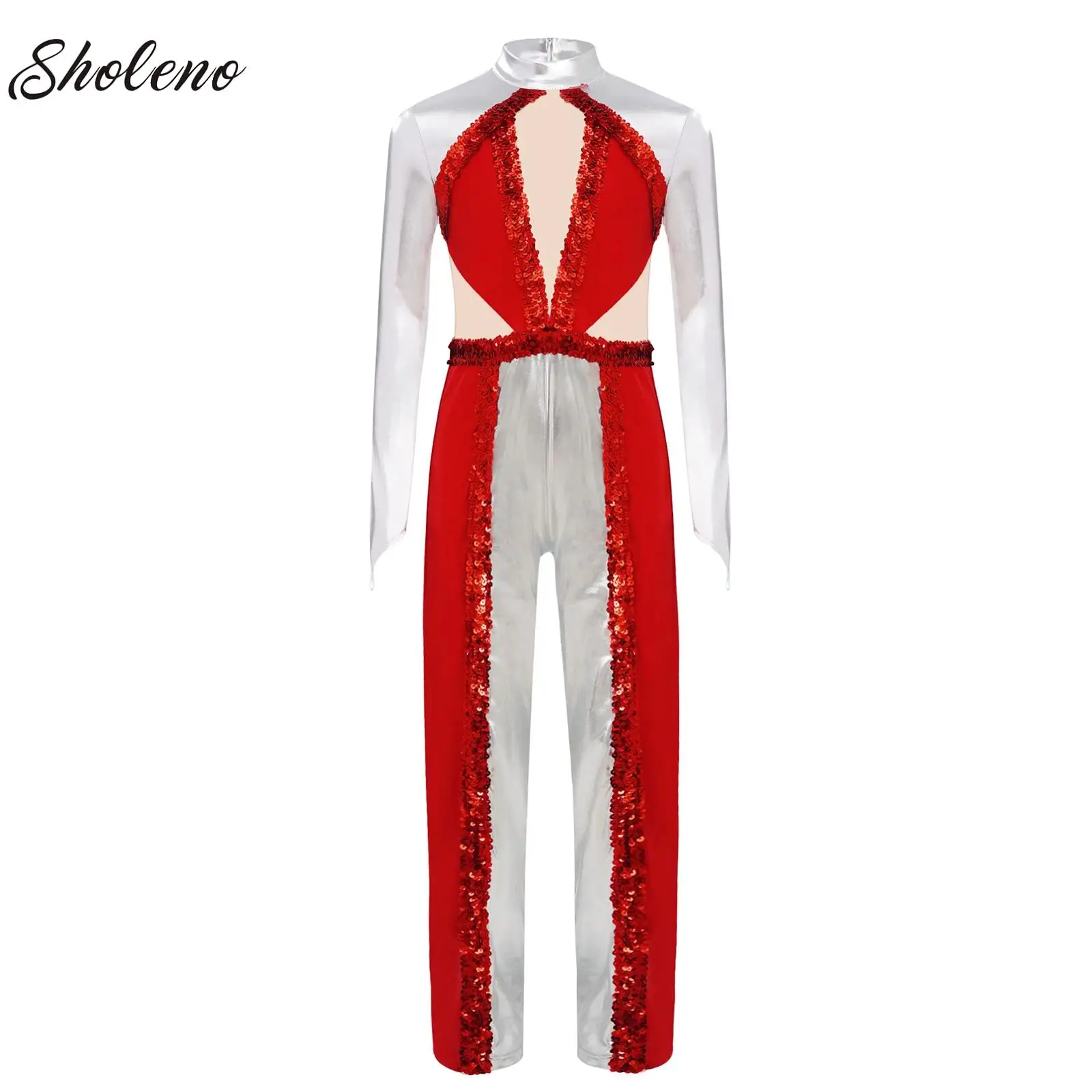 

Kids Girls Latin Dance Suit Competition Long Sleeve Jumpsuit Figure Skating Ballroom Performance Costume Sequins Full Leotard