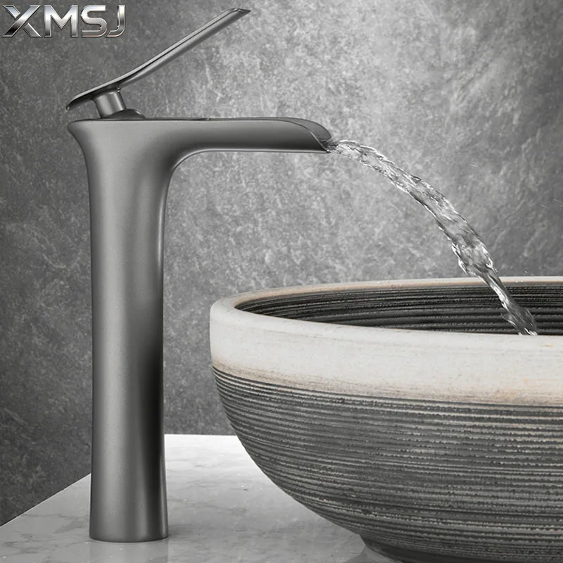 

Bathroom Faucet Basin Brass Hot And Cold Water Mixer Vanity Tap Gray Finish Deck Mount Sink Mixer Waterfall Washbasin Tap