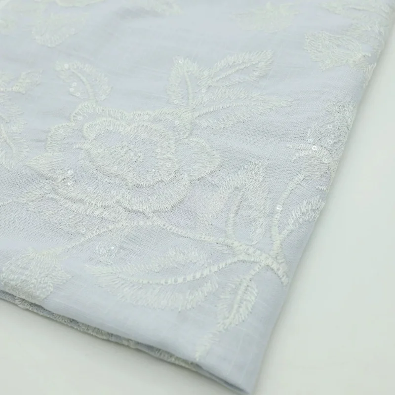 

Light Blue Rose Sequin Embroidered Linen Fabric Soft Breathable Comfortable Vintage Dress Shirt Summer DIY Home Craft Material