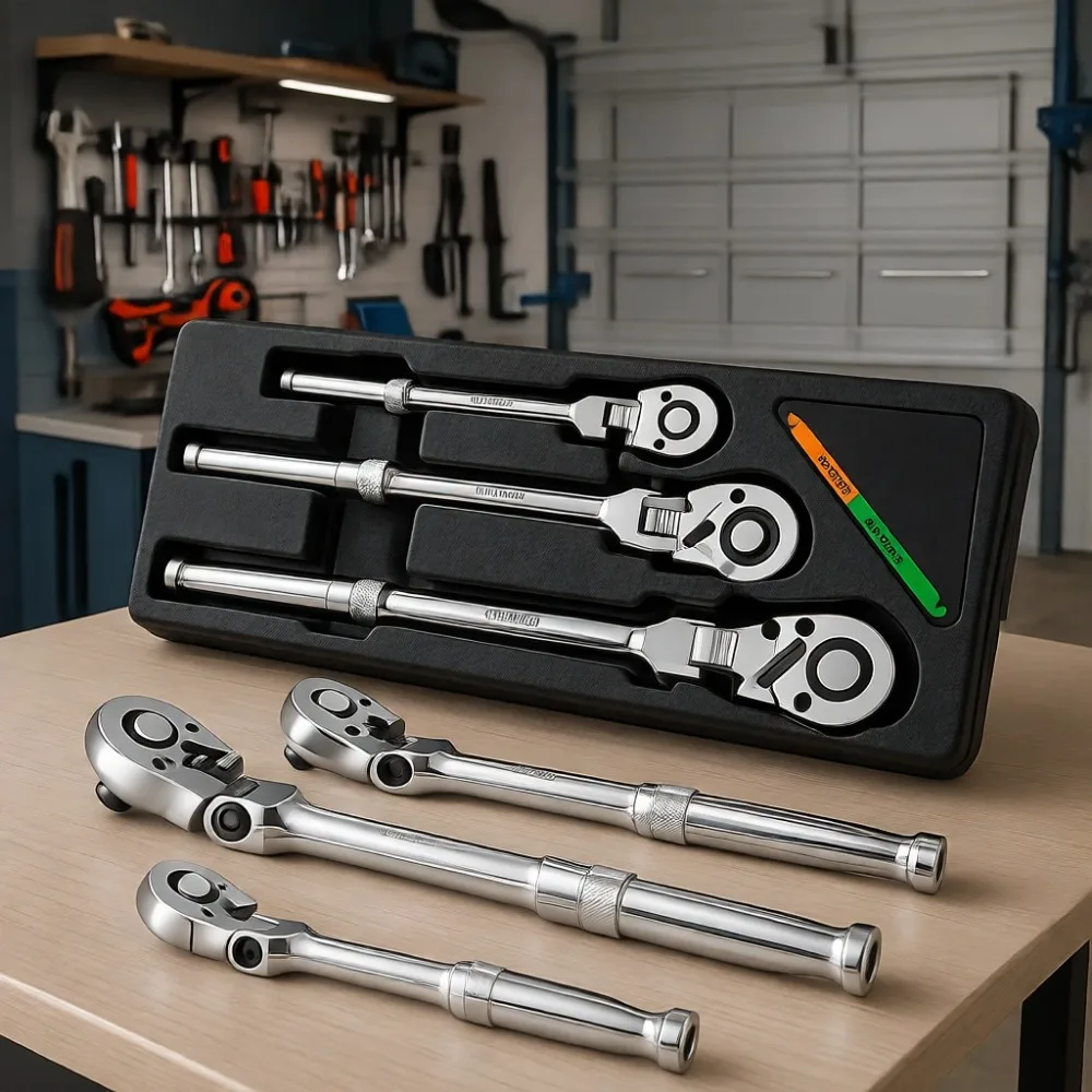 

3 Piece Flex Head Ratchet Set 1/4 3/8 1/2 Inch Drive 72 Tooth Quick Release Reversible Chrome Alloy Fully Polished Storage Case