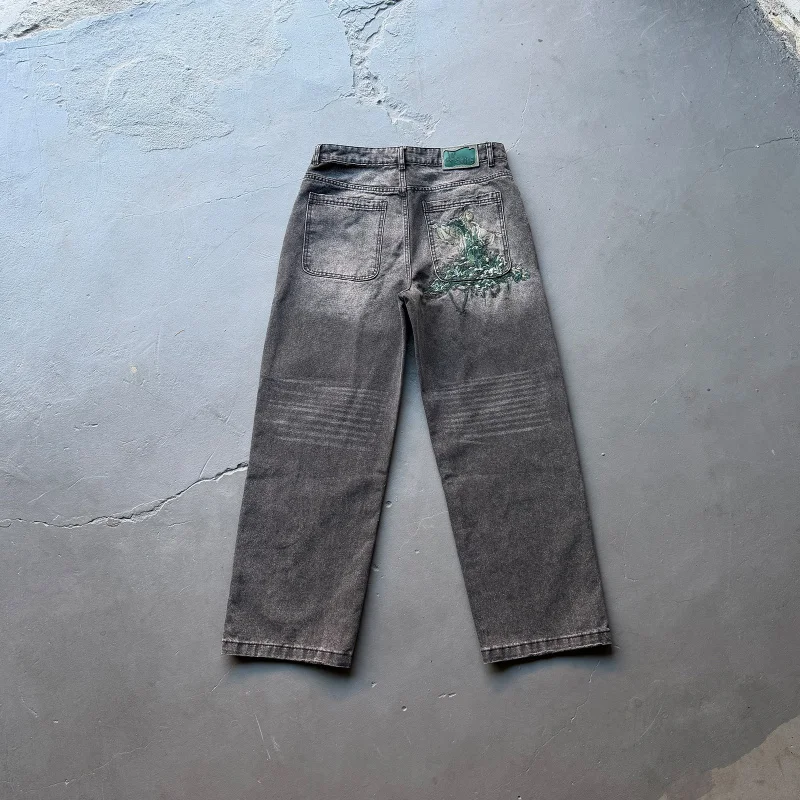 

Cool Style Heavy Embroidery Statue Washed Straight Leg Men's Jeans Cotton Material Street Fashion No Stretch Elasticity
