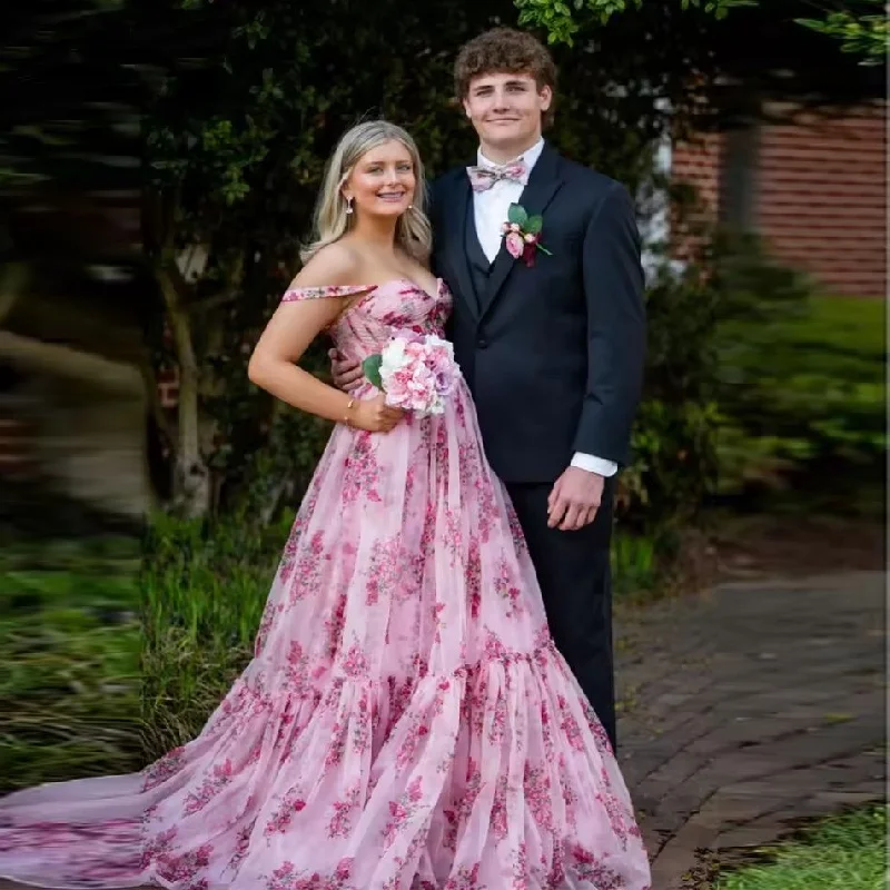 

Elegant Floor-Length Customized Party Dresses Spaghetti Strap A-Line Prom Dresses Sleeveless Floral Print Evening Dresses