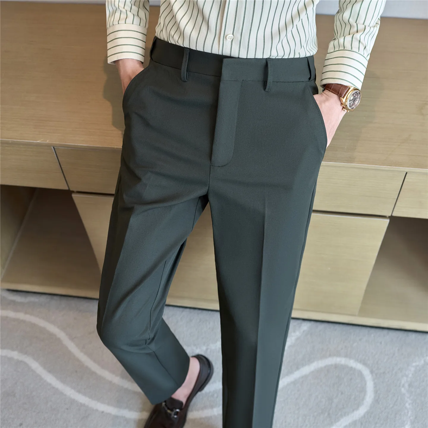 Celana Setelan Musim Semi Musim Gugur Celana Setelan Kasual Pintar Slim Fit Fashion Warna Solid Pria Celana Panjang Korea Pinggang Elastis Pria