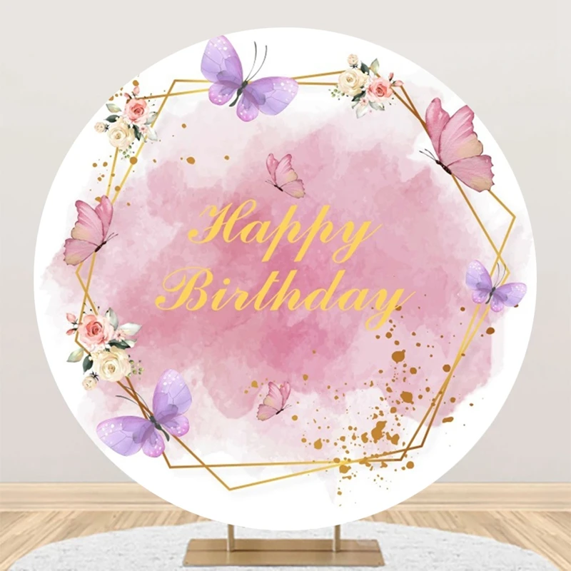 

Happy Birthday Round Photography Backdrops Ink Painting Baby Shower Party Photo Photographic Circle Background For Photo Studio