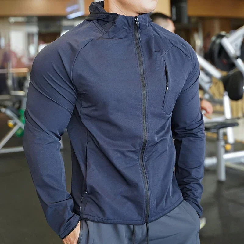 

High Quality Nylon Sport Coat Mens Gym Fitness Hoodies Outdoor Workout Tops Hooded Training Running Zipped Jacket Clothes