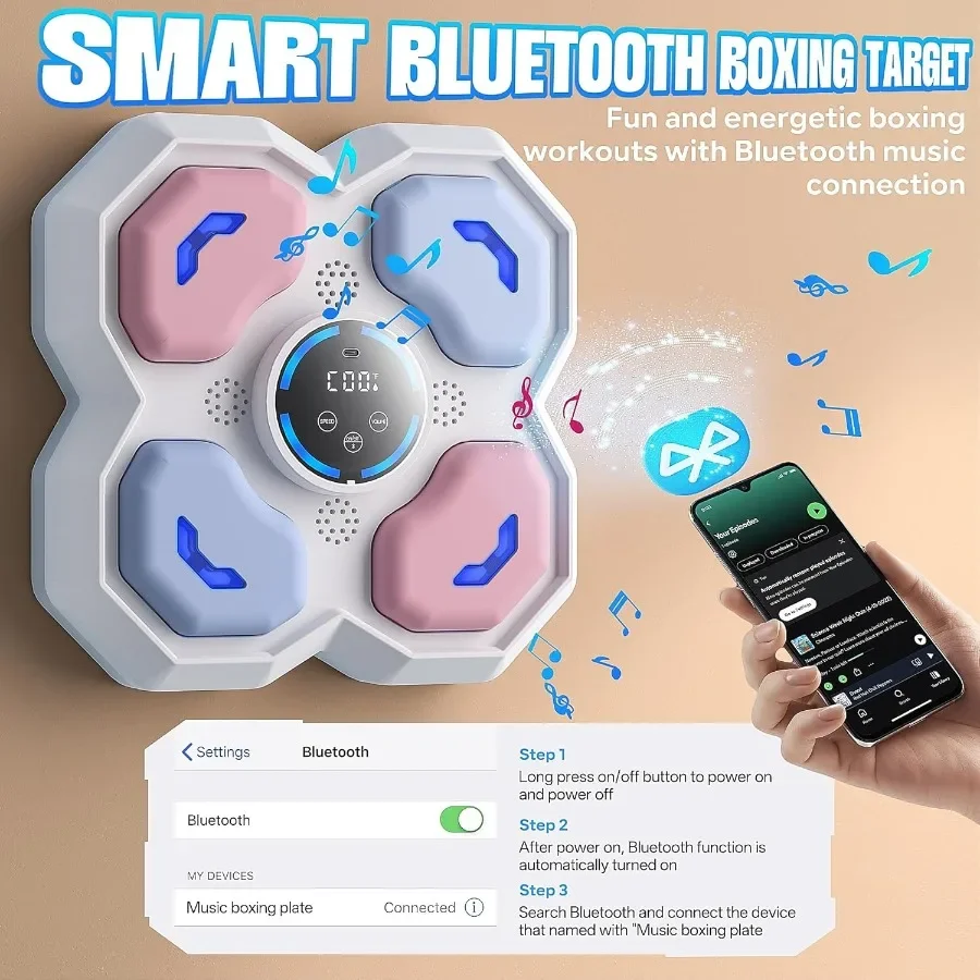 Wallmounted smart punching target toy with Bluetooth connectivity and LED lights for kids' musicbased workout game interactive