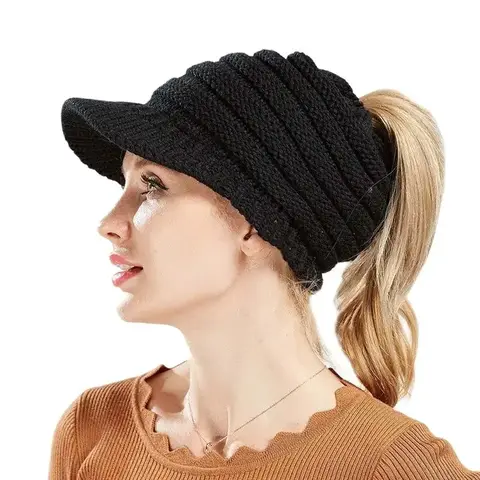 가을 여성 Beanies 소녀 포니 테일 모자 레이디 비니 테일 지저분한 부드러운 롤빵 니트 모자 해골 스트레치 겨울 따뜻한 모자 액세서리