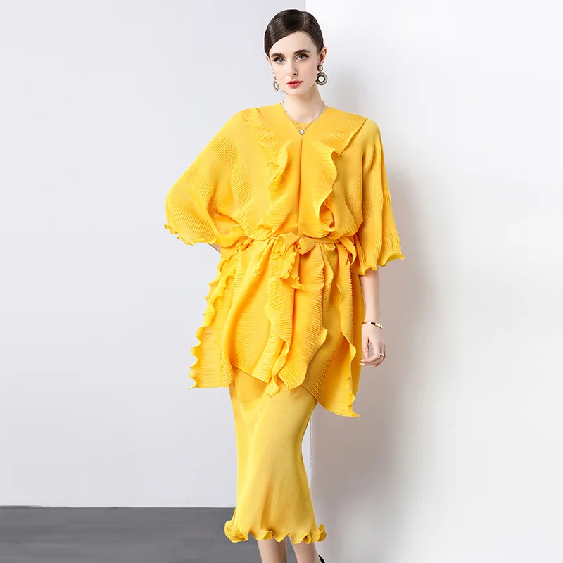 Miyake Pleats Spring 2025 New Wear Women's Clothing Ruffle Edge Top High Elastic Boutique Two-piece Dress