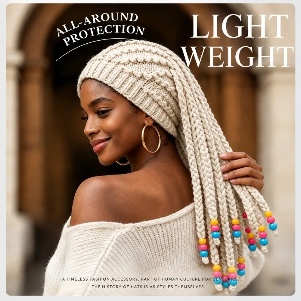Knitted Dreadlock Beanie Color Bead Decor Faux Braid Braided Wig Hat Integrated Braid Thick Yarn Faux Braid Hat Fashion Shooting