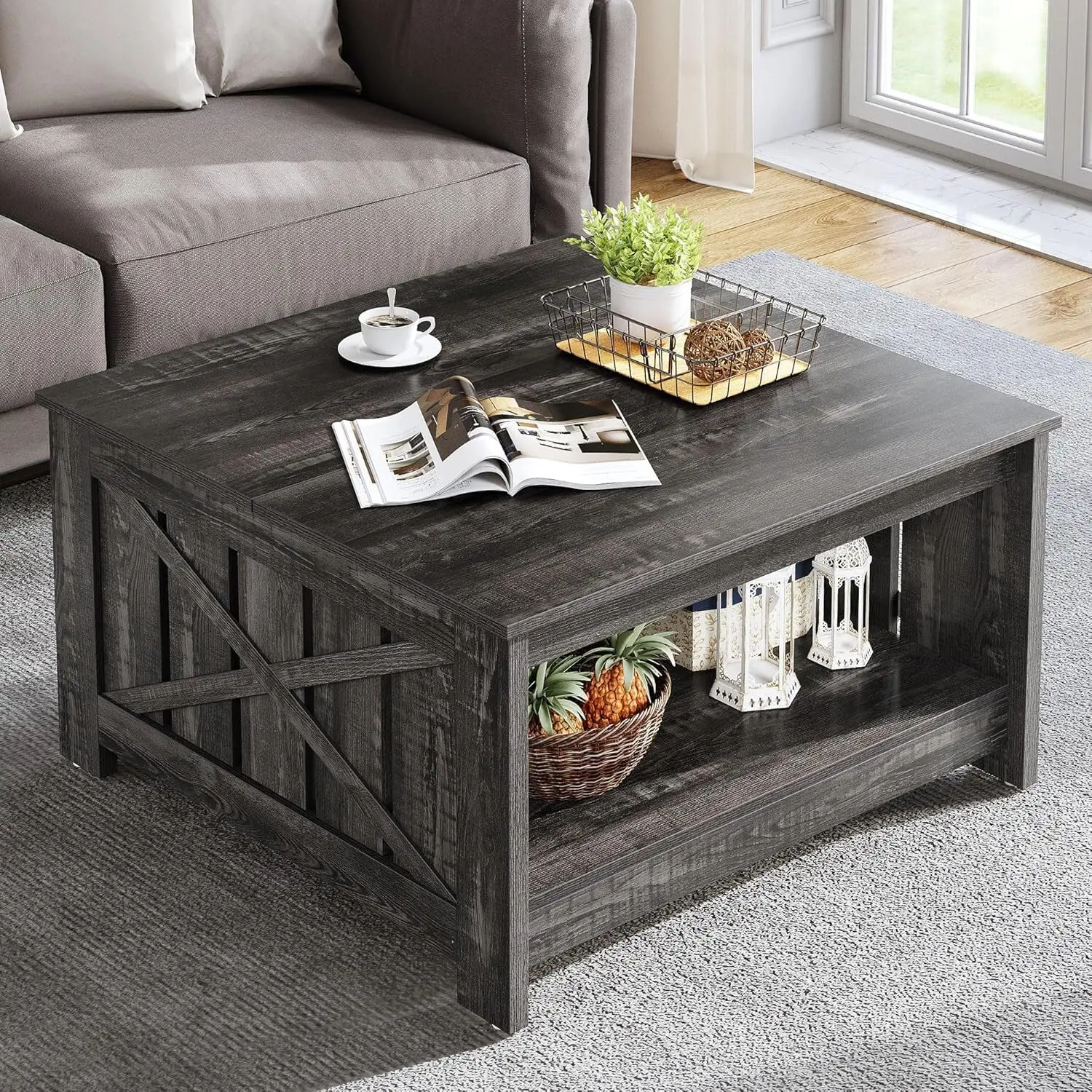 

Coffee Tables Farmhouse Coffee Table with Storage Rustic Wood Cocktail Table,Square Coffee Table for Living Meeting, Customized