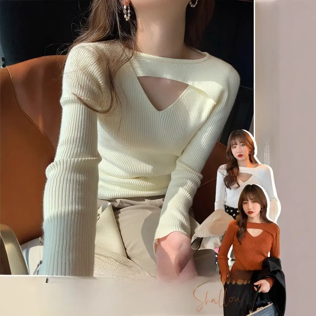 

Женская модная трикотажная базовая рубашка, уникальный топ с лямкой на шее, обнажающий ключицу, шикарный дизайн, новинка весны и осени