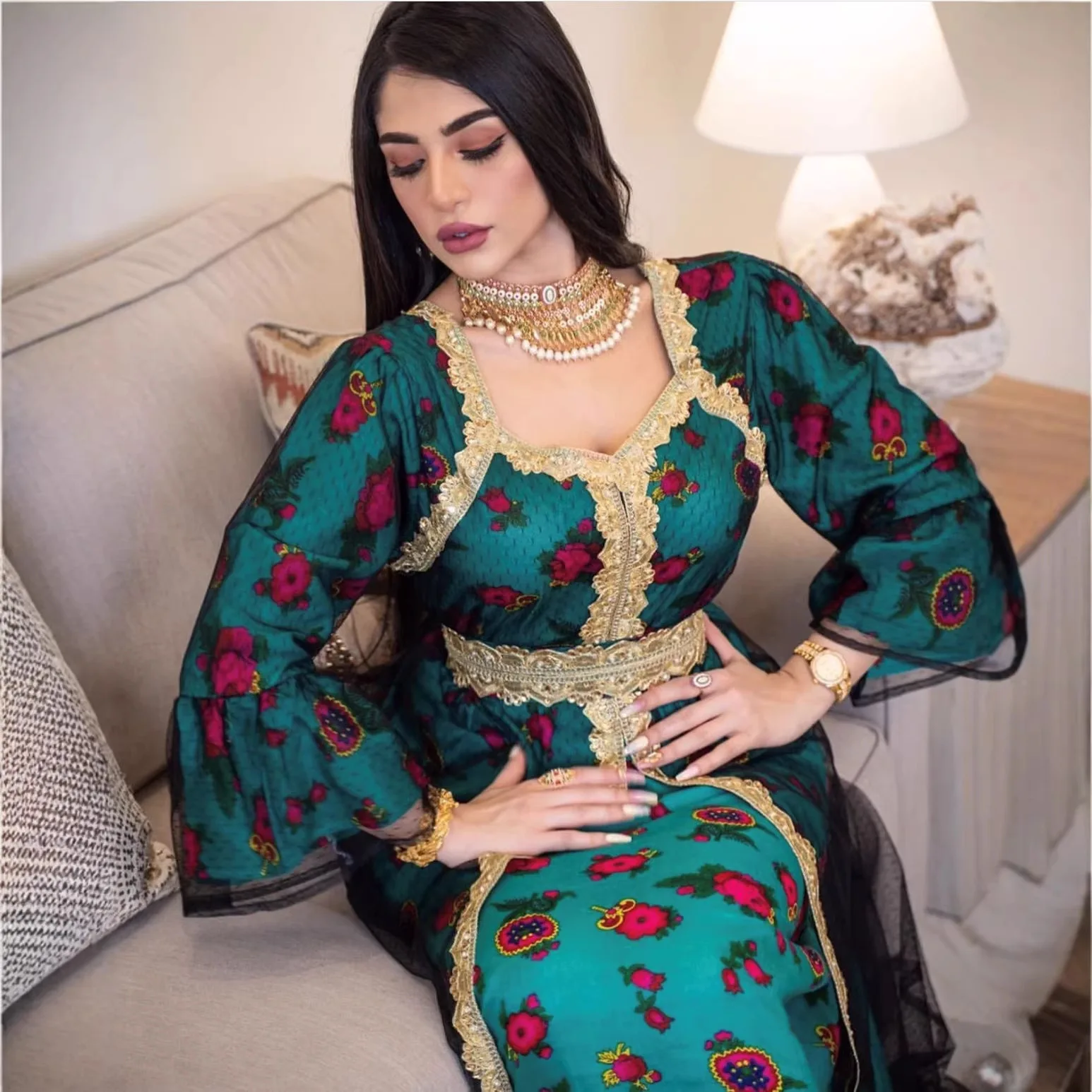 

Ab026 Ethnic Style Fashion Printed Embroidered Lace Mesh Long Dress For Women Robe Abaya Ramadan Dubai Luxury Islam Elegant