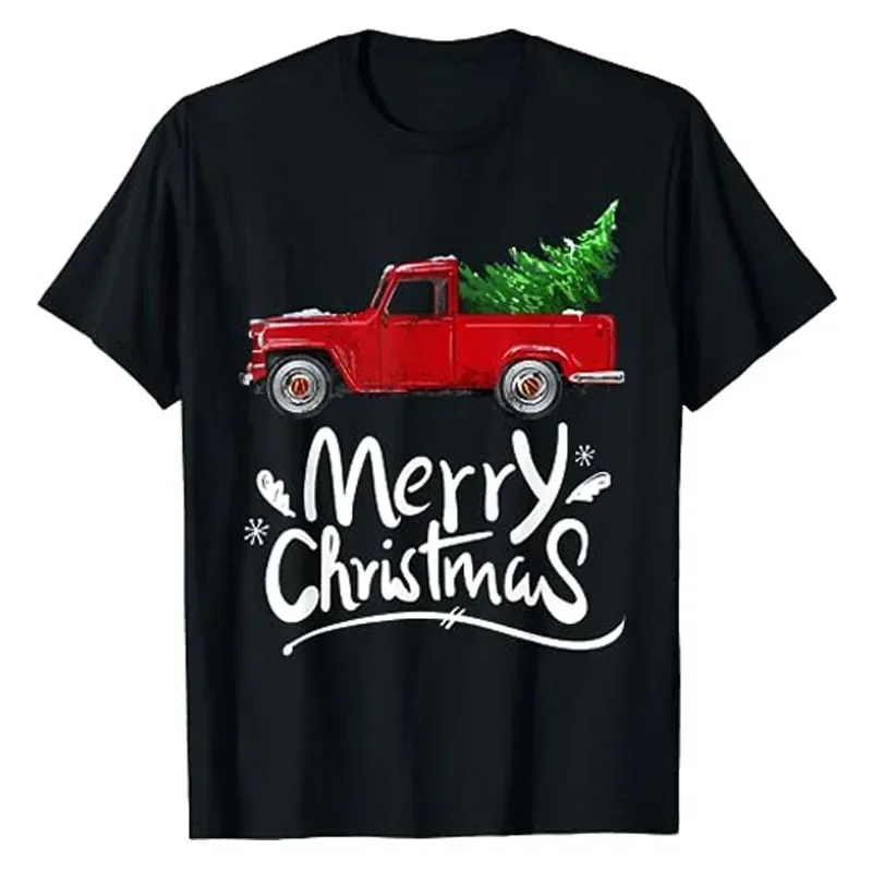 Vintage Wagon Red Truck Christmas Tree Pajama Gift T-Shirt Merry Christmas Graphic Tee Tops Family Xmas Costume Holiday Clothes