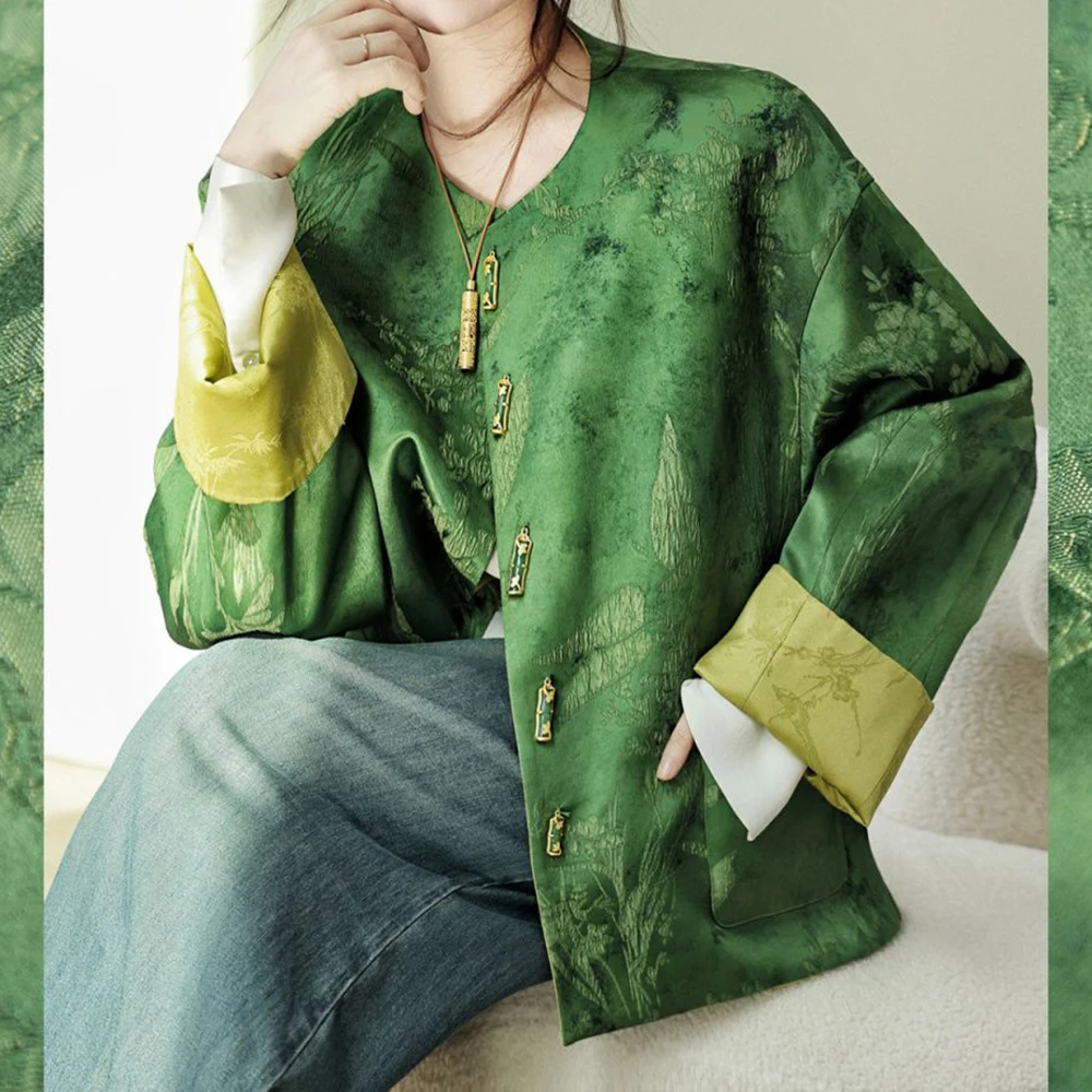 Chinese design double-sided national style jacket | 2025 new printed round neck long-sleeved double-sided coat for women